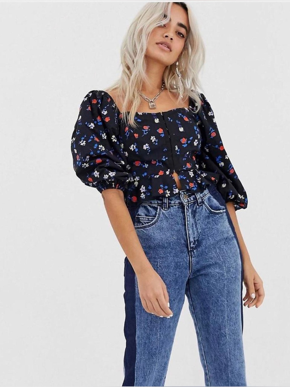 Collusion Women’s Navy Puff Sleeve Corset Top Size 2 100% Cotton